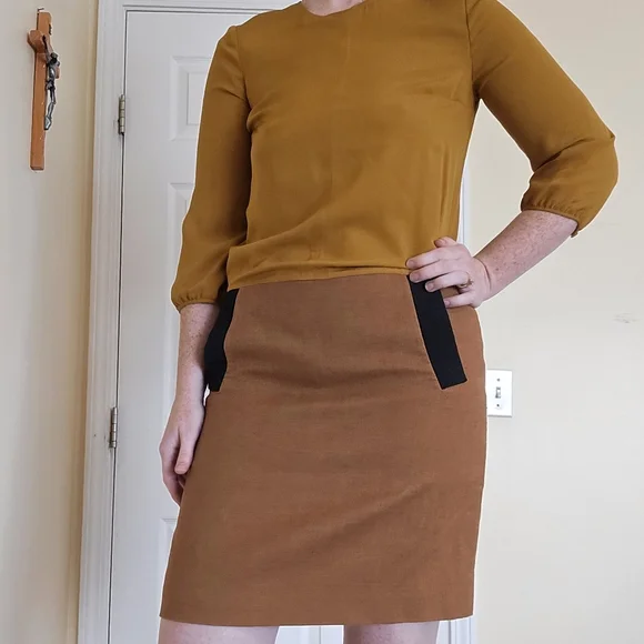 Longchamp Drop Waist Mustard and Tan/Brown Dress Sz 36 Linen Blend - Picture 4 of 7